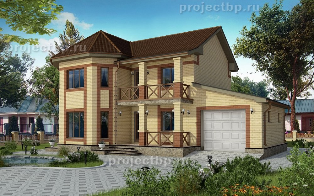 Проект двухэтажного дома с гаражом для машины, террасой и балконом B-144