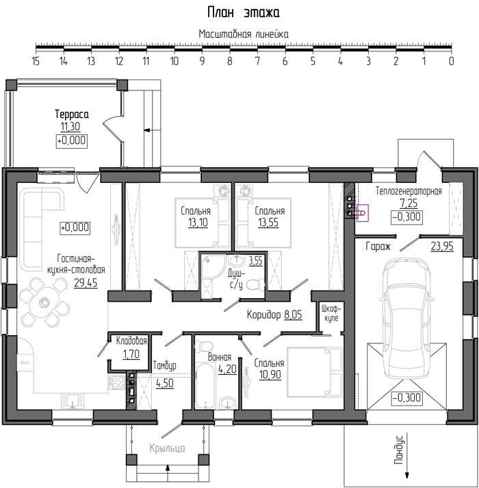 План этажа с тремя спальнями и двумя сан.узлами